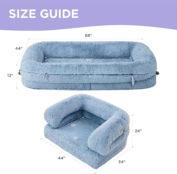 LE SURE Foldable Human Dog Bed - 3 in 1 Flexible Giant Human Dog Bed for Adult People with Supportive Bolster Egg Foam, Waterproof Liner, Calming Fluffy Faux Fur Orthopedic Big Bean Bed, Blue