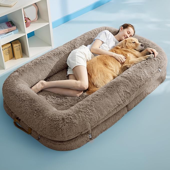LE SURE Foldable Human Dog Bed - 3 in 1 Flexible Giant Human Dog Bed for Adult People with Supportive Bolster Egg Foam, Waterproof Liner, Calming Fluffy Faux Fur Orthopedic Big Bean Bed, Camel