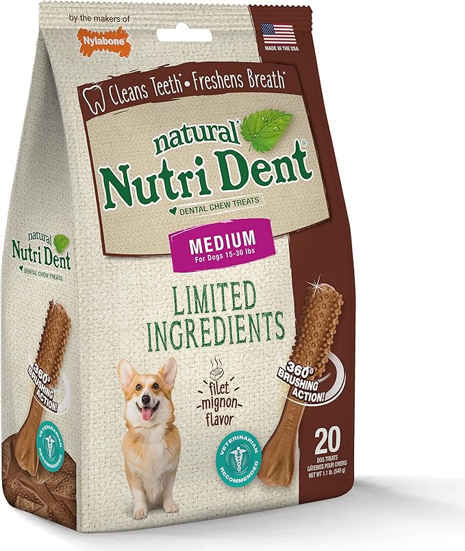 Nylabone Nutri Dent Dog Dental Chews - Natural Dog Teeth Cleaning & Breath Freshener - Dental Treats for Dogs - Filet Mignon Flavor, Medium (20 Count)