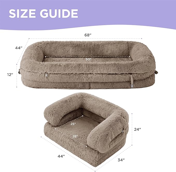 LE SURE Foldable Human Dog Bed - 3 in 1 Flexible Giant Human Dog Bed for Adult People with Supportive Bolster Egg Foam, Waterproof Liner, Calming Fluffy Faux Fur Orthopedic Big Bean Bed, Camel