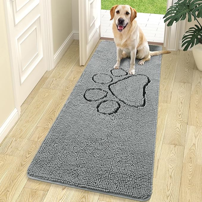 OLANLY Dog Door Mat for Muddy Paws 70x24, Paw Print Design, Absorbs Moisture and Dirt, Absorbent Non-Slip Washable Doormat, Quick Dry Chenille Mud Mat for Dogs, Entry Indoor Entryway Carpet, Grey