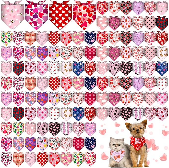 Amylove 120 Pcs Halloween Dog Bandanas Bulk Thanksgiving Day Holiday Triangle Dog Pack Puppy Kerchief Bandana Adjustable Pet Scarf for Pet Cat Costume Accessories Decor(Love)
