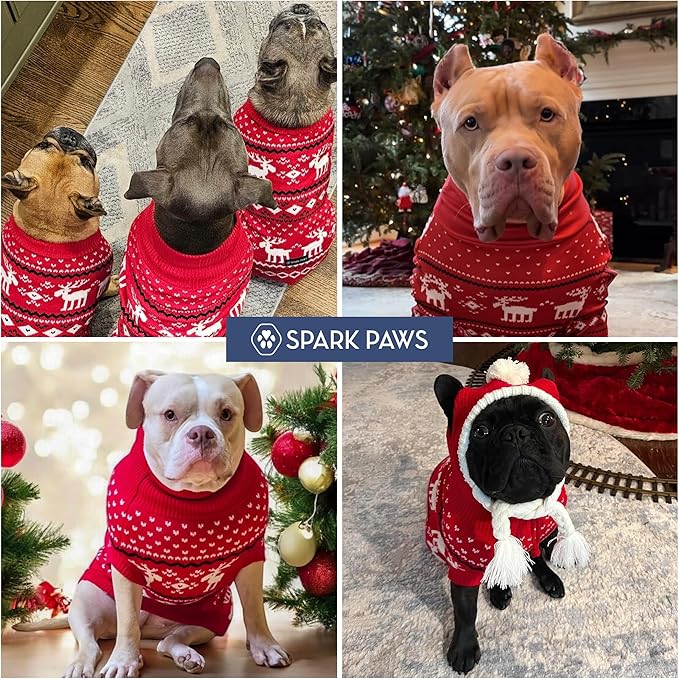 Spark Paws Christmas Dog Sweater – Ultra Soft Holiday Knit Sweater for Small, Medium & Large Dogs, Cute Pet Sweater for French Bulldogs & Big Dogs, Easy Potty V Cut Design Jacket - (Dasher Red,2XL)