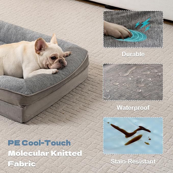 Cooling Pet Bed for X-Large Dogs and Cats, Waterproof Orthopedic Dog Sofa Bed, Supportive Foam Pet Couch Bed with Washable Removable Cover, Waterproof Lining and Nonskid Bottom(XL, Grey)