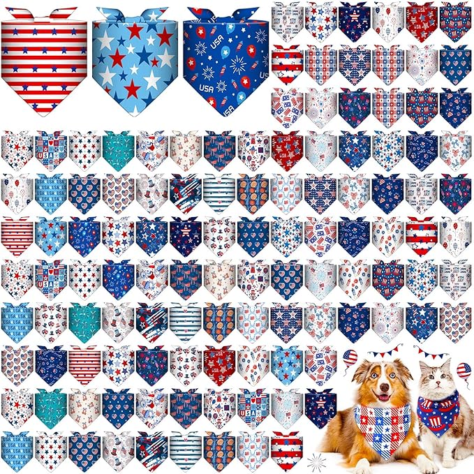 Sanwuta 120 Pcs Dog Bandana Bulk Scarf Washable Dogs Bibs Adjustable Kerchief Pet Bandana for Small and Large Party Pet Hawaii Beach Handkerchief Scarf Accessories (4th of July)