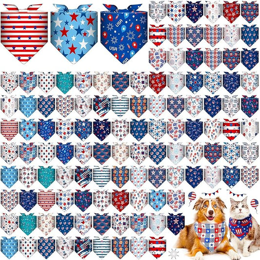 Sanwuta 120 Pcs Dog Bandana Bulk Scarf Washable Dogs Bibs Adjustable Kerchief Pet Bandana for Small and Large Party Pet Hawaii Beach Handkerchief Scarf Accessories (4th of July)