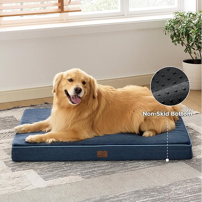 Bedsure Memory Foam Dog Beds Large Sized Dog - Orthopedic Pet Beds for Crate with Removable Washable Cover and Nonskid Bottom, Plush Flannel Fleece Top Pet Mat, Navy