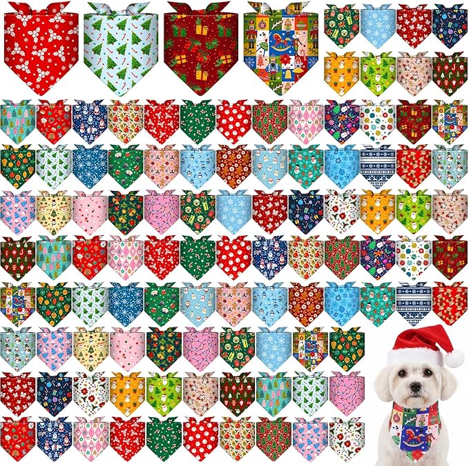 120 Pcs Christmas Dog Bandanas Bulk Santa Claus Pet Bandanas Dog Handkerchiefs Bell Scarf Bibs Triangle Bibs Adjustable Kerchief Pet Grooming Costume Accessories