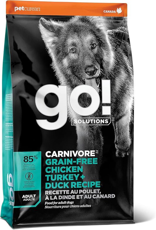 Go! Solutions Carnivore, Grain-Free, Protein Rich Dry Dog Food, Chicken, Turkey and Duck Adult Recipe, 3.5 lb Bag