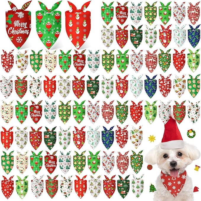 Abbylike 100 Pcs Christmas Dog Bandanas Bulk Xmas Bandanas for Dogs Triangle Kerchief Bibs Scarf for Pet Xmas Costume Photo Props Accessories Pet Shops Groomer, 25 Styles (19.7 x 13.8 x 13.8)