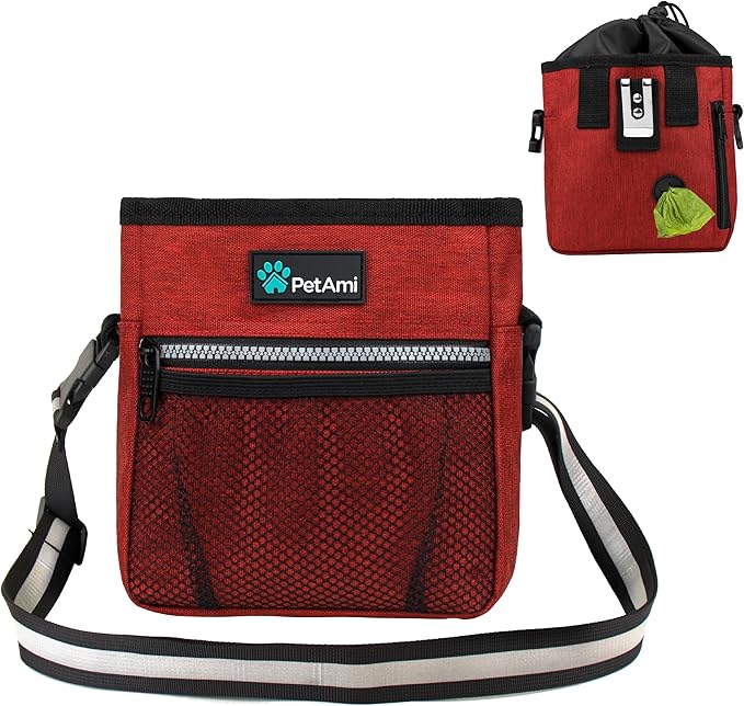 PetAmi Dog Treat Pouch, Pet Treat Pouch for Training, Dog Walking Bag Holder for Kibbles, Pet Food Toy, Dog Trainer Essentials Supplies, Poop Bag Dispenser, 3 Ways to Wear (Red)