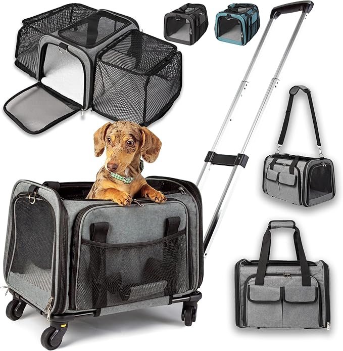 Pet Carrier with Wheels | Delta American Frontier Airline Approved | Two Expandable Sides, Storage Pockets Adjustable Leash | Rolling Dog and Cat Carrier TSA Compliant (Light Grey 17x12.5x11)