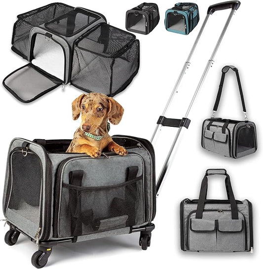 Pet Carrier with Wheels | Delta American Frontier Airline Approved | Two Expandable Sides, Storage Pockets Adjustable Leash | Rolling Dog and Cat Carrier TSA Compliant (Light Grey 17x12.5x11)