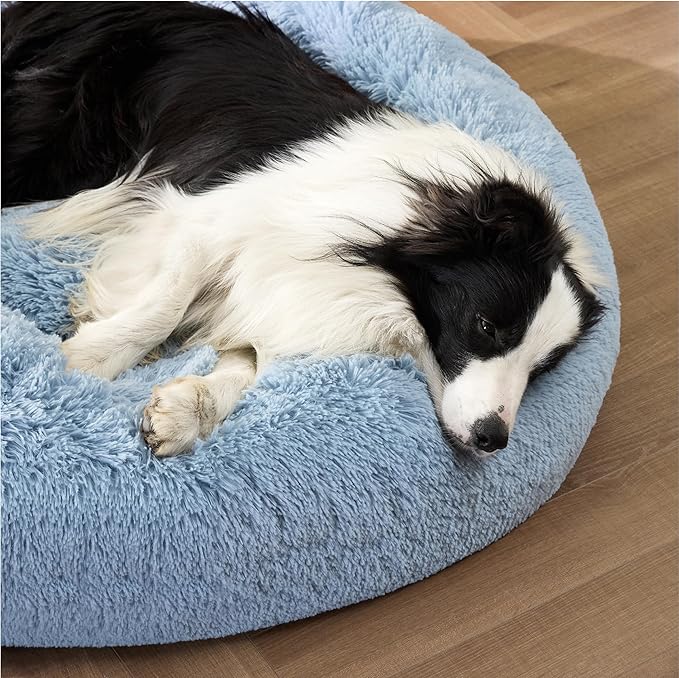 Bedsure Calming Dog Bed for Large Dogs - Donut Washable Large Pet Bed, Anti-Slip Round Fluffy Plush Faux Fur Dog Bed, Fits up to 80 lbs Pets, Light Blue, 36 inches