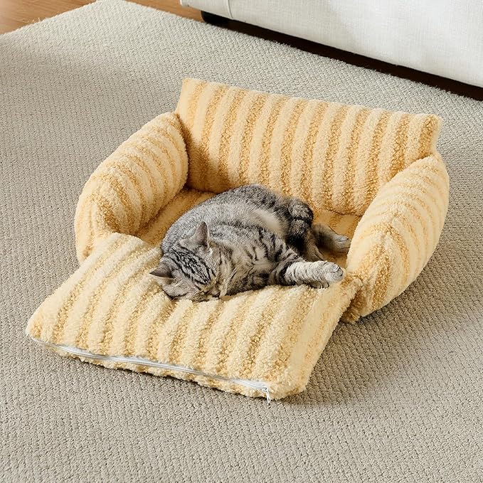 Hollypet Cat Bed Fluffy Plush Mutifuctional Double-Layer Soft Pet Couch Orthopedic Sofa Nest Beds for Small Cats and Dogs, Yellow (21x15x8 inch)