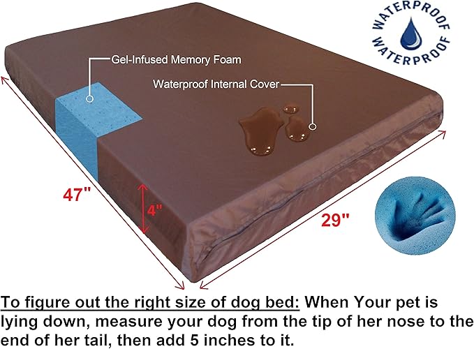 Dogbed4less Extra Large Gel-Infused Memory Foam Dog Bed, Orthopedic Ultra Plush Human Grade Mattress, Thick Waterproof Lining and Heavy Duty Blue Denim Cover, Fit XL 48"X30" Crate
