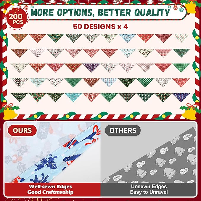 200 Pcs Christmas Dog Bandanas Bulk Xmas Pet Scarves Winter Adjustable Bibs for X-M-L Dogs Washable Holiday Puppy Kerchief for Groomers Shelters