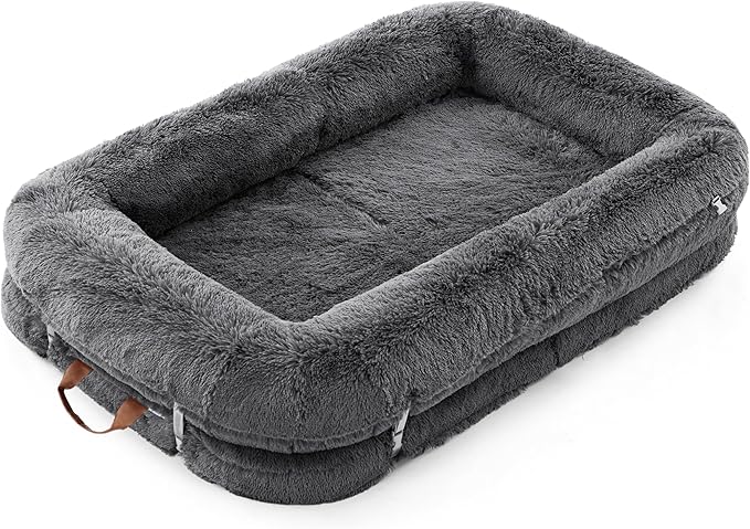 LE SURE Foldable Human Dog Bed - 3 in 1 Flexible Giant Human Dog Bed for Adult People with Supportive Bolster Egg Foam, Waterproof Liner, Calming Fluffy Faux Fur Orthopedic Big Bean Bed, Dark Grey