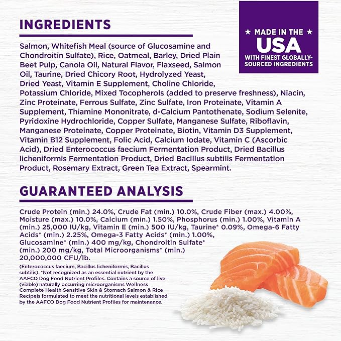 Wellness Complete Health Sensitive Skin & Stomach Dry Dog Food, Wholesome Grains, Salmon & Rice Recipe, (38-Pound Bag)