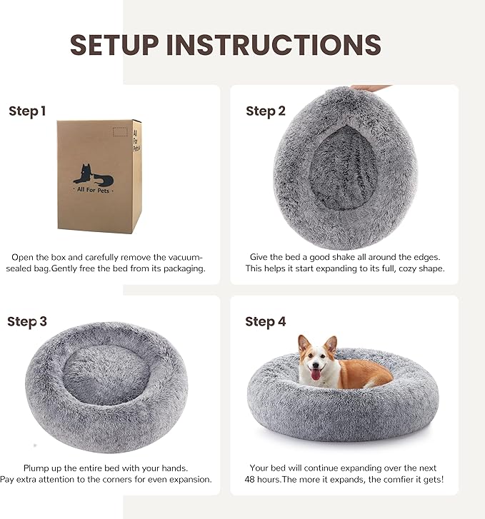 Calming Dog Bed - Donut Washable Large Size Round Pet Bed for Dogs and Cats, 36 inches Anti-Slip Fluffy Faux Fur Plush Cat Bed, Anti-Anxiety Cushion with Anti-Slip Bottom