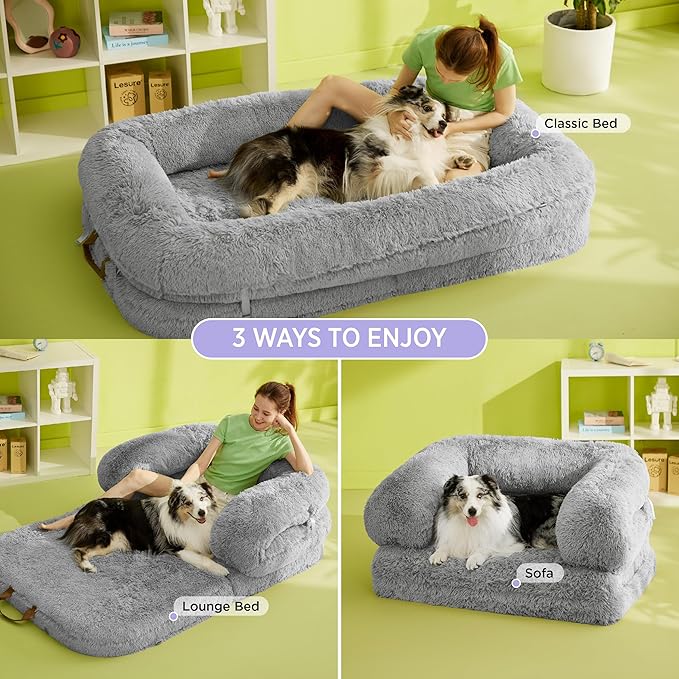 LE SURE Foldable Human Dog Bed - 3 in 1 Flexible Giant Human Dog Bed for Adult People with Supportive Bolster Egg Foam, Waterproof Liner, Calming Fluffy Faux Fur Orthopedic Big Bean Bed, Light Grey