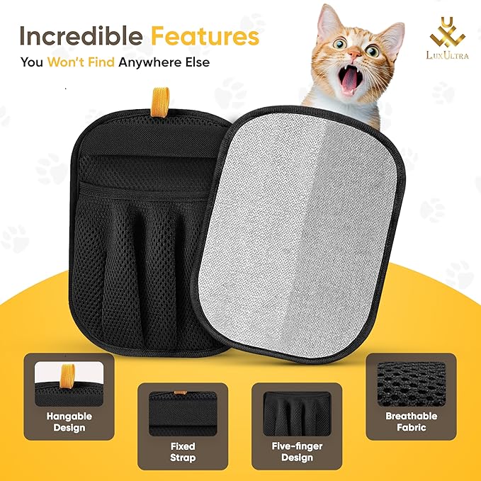 LuxUltra 2 Pcs Electrostatic Pet Hair Removal Gloves for Furniture, Couch, Carpet & Clothes | Reusable & Washable Fur Remover Mitt Set | Includes Bonus Cat & Dog Grooming Brush