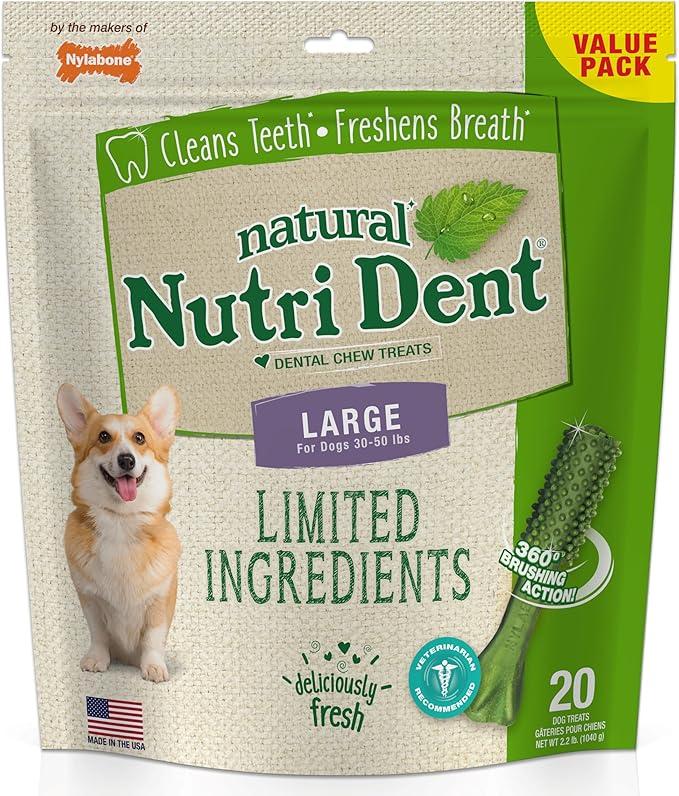 Nylabone Nutri Dent Dog Dental Treats - Natural Dog Teeth Cleaning & Breath Freshener - Dental Treats for Dogs - Fresh Breath Flavor, Large (20 Count)