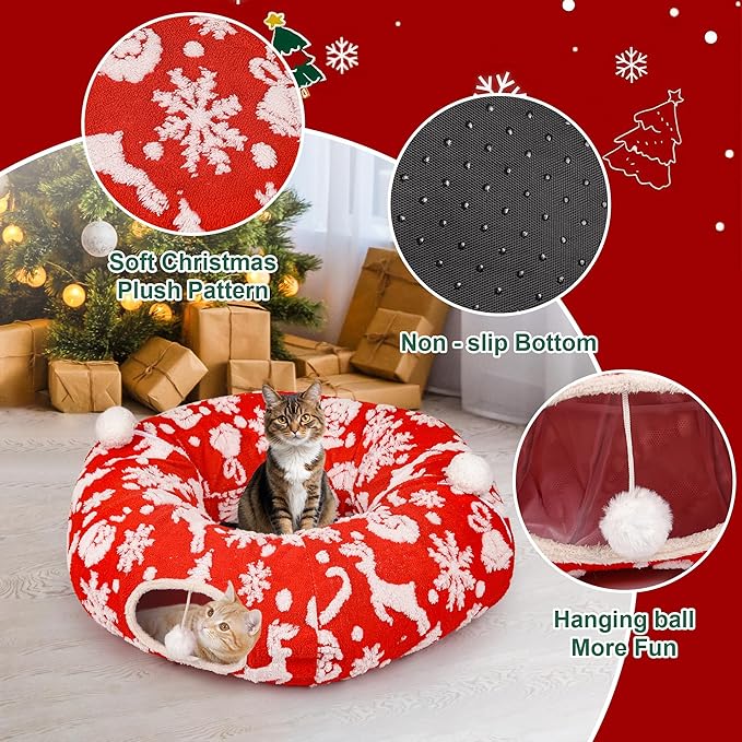 Christmas Cat Tunnel Bed in 3FT x 3FT x 10IN-Cute Cat Tube Christmas Tree Skirt with Ball,Foldable Round Pet Toy with Washable Mat for Keeping Indoor Cats Off Xmas Tree, Red