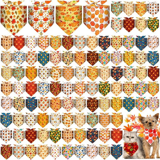 Amylove 120 Pcs Halloween Dog Bandanas Bulk Thanksgiving Day Holiday Triangle Dog Pack Puppy Kerchief Bandana Adjustable Pet Scarf for Pet Cat Costume Accessories Decor(Turkey)