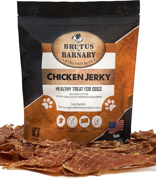 BRUTUS & BARNABY Chicken Jerky Dog Treats- Dehydrated Crunchy USA Premium Fillets, Grain-Free, Preservative-Free, No Fillers. All Natural Chicken Strips are Great for Dogs and Cats (10oz)