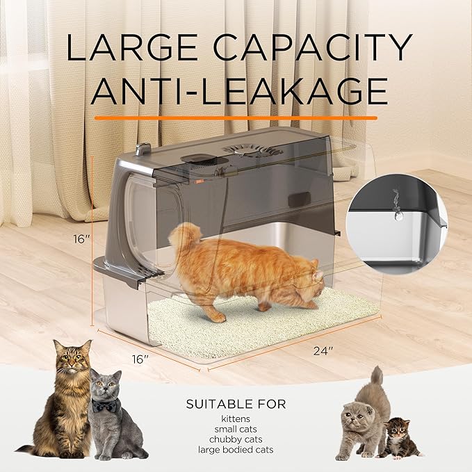 Citylife Stainless Steel Cat Litter Box with Lid,XL Extra Large Enclosed Removable Metal Litter Box with Litter Scoop&Double Layer Litter Mat,Non-Sticky，Non-Odor,Easy Cleaning, for Big Cats Dark Grey