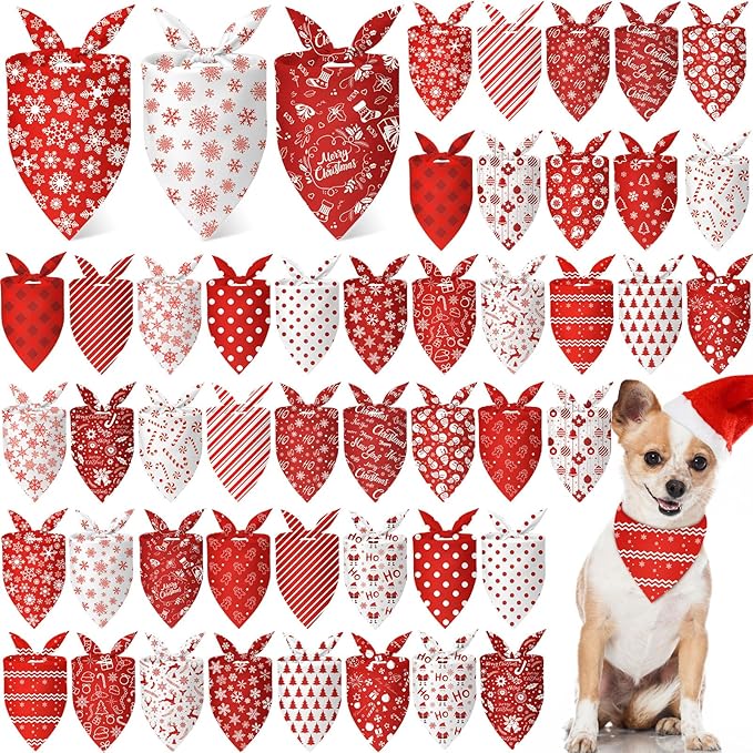 Abbylike 50 Pcs Christmas Dog Bandanas Bulk Xmas Red and White Bandanas for Dogs Triangle Kerchief Bibs Scarf Set for Pet Christmas Costume Photo Props Accessories Pet Shops (31.5 x 21.7 x 21.7)