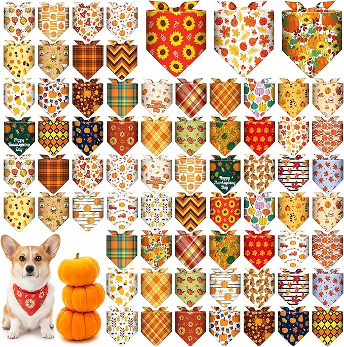 Sanwuta 72 Pcs Thanksgiving Dog Bandana Bulk Washable Puppy Triangle Scarfs Thanksgiving Cat Bandanas Adjustable Soft Fall Pet Triangle Bibs Accessories for Small Medium Dogs Cats Pets Costume