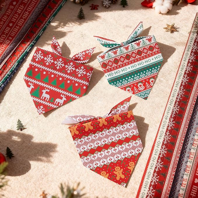 Weewooday 50 Pcs Christmas Bandanas for Dogs Xmas Bandanas Bulk with Ugly Sweater Patterns Soft Bibs Adjustable Triangle Doggie Scarf for Small Medium Large Pet (25.6 x 17.7 x 17.7 Inch)