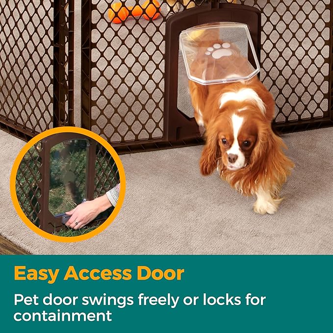 MyPet 8-Panel Petyard Passage: 6.5 ft. Wide 26 in. Tall Brown Freestanding Customizable Folding Pet Enclosure with Lockable Pet Door; Indoor/Outdoor Puppy Playpen Made in USA
