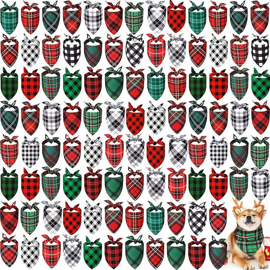 Sanwuta 100 Pieces Christmas Dog Bandanas Bulk Classic Plaid Dog Bandanas for Dogs Triangle Scarf Plaid Dog Kerchief for Christmas Small Medium Large Pet Costume Accessories Decoration