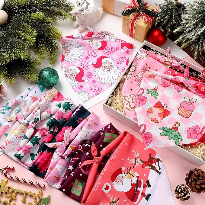 Newwiee 100 Pieces Pink Christmas Dog Bandanas Bulk for Dogs Soft and Breathable Adjustable Christmas Tree Santa Snowman Patterns Printing Dog Kerchief for Small to Large Puppy Cat