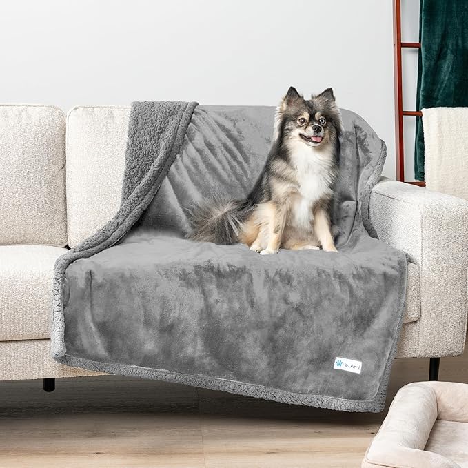 PetAmi Waterproof Dog Blanket for Medium Large Dog Puppy Cat Throw for Couch Cover Leakproof Protection, Sherpa Fleece, Reversible Soft Washable 60x40 Light Gray