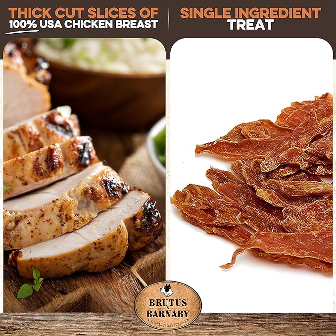 BRUTUS & BARNABY Chicken Jerky Dog Treats- Dehydrated Crunchy USA Premium Fillets, Grain-Free, Preservative-Free, No Fillers. All Natural Chicken Strips are Great for Dogs and Cats (10oz)