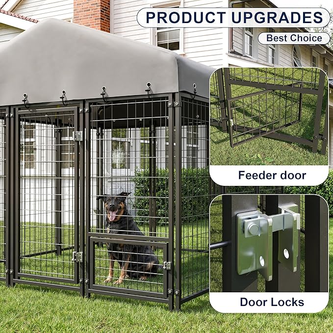 6X6FT Dog Kennel Outside Dog Kennel Outdoor with Feeding, Heavy Duty Outdoor Dog Crate Durable Dog Cage with Roof & Double Lock