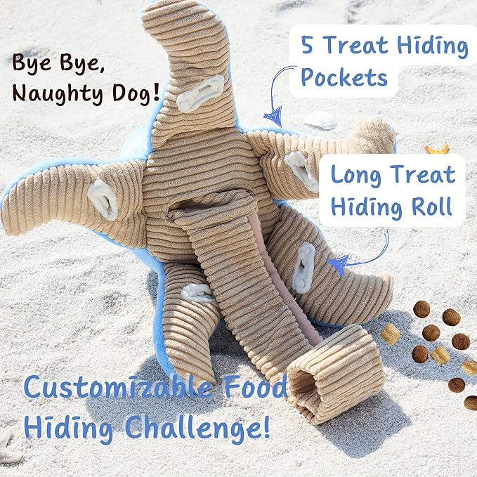 Dog Puzzle Toy, Interactive Snuffle Octopus Toy for Medium Large Dogs – Hide & Seek Treat Dispenser with Squeaky & Crinkle Sounds, Plush Chew Toy, Durable & Washable (Blue)