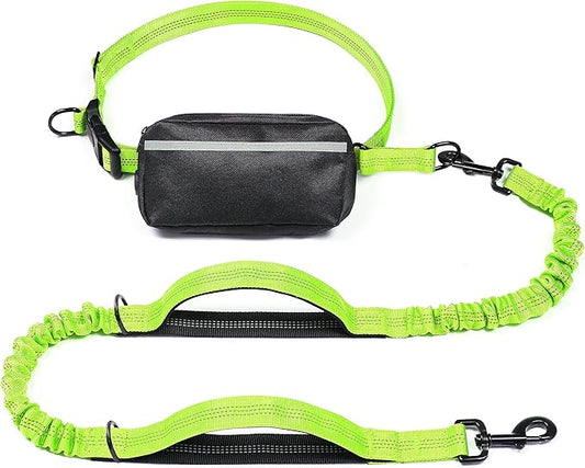 iYoShop Hands Free Dog Leash with Zipper Pouch, Dual Padded Handles and Durable Bungee for Walking, Jogging and Running Your Dog (Large, 25-120 lbs, Green)