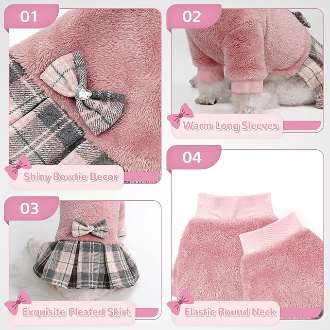YUDODO Fleece Small Dog Sweater Dress with Bowtie, Female Fall Winter Warm Dog Clothes, Princess Sweater Dress for Small Dogs Girl (Pink, S)