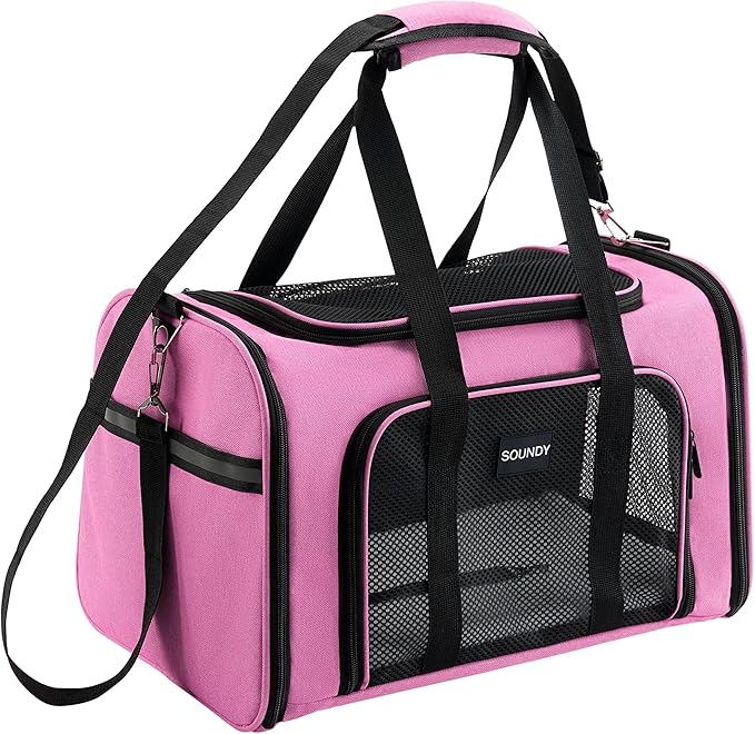 Soundy Large Cat Carrier Dog Carrier Under 25 Lbs,Collapsible Ventilated Portable Pet Bag with Soft Sided Breathable Mesh for Long Car Trips Maxi Load 2 Kittens or Small, Medium Dog (Large Pink)