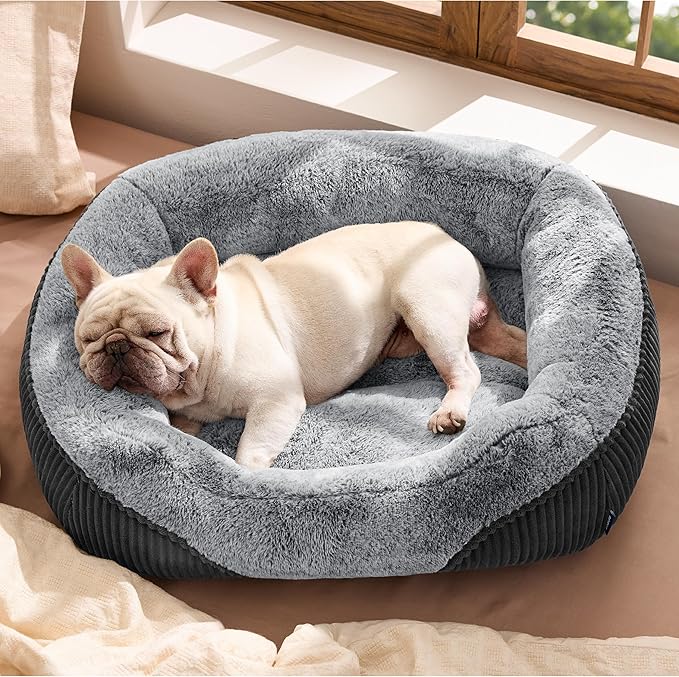 Bedsure Washable Dog Bed Medium Size Dog - Rectangle Fluffy Plush Big Pet Bed, Corduroy Fleece and Nonskid Bottom,30x24x8inches,Suitable for Pet Up to 35lbs,Grey