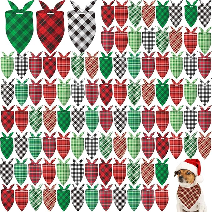 100 Pcs Christmas Dog Bandanas Bulk Xmas Red and Green Buffalo Plaid Bandanas Soft White Back Triangle Bibs Adjustable Scarf for Small Medium Large Pets (Red and Green Plaid)