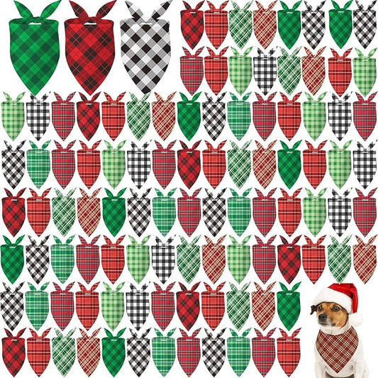 100 Pcs Christmas Dog Bandanas Bulk Xmas Red and Green Buffalo Plaid Bandanas Soft White Back Triangle Bibs Adjustable Scarf for Small Medium Large Pets (Red and Green Plaid)