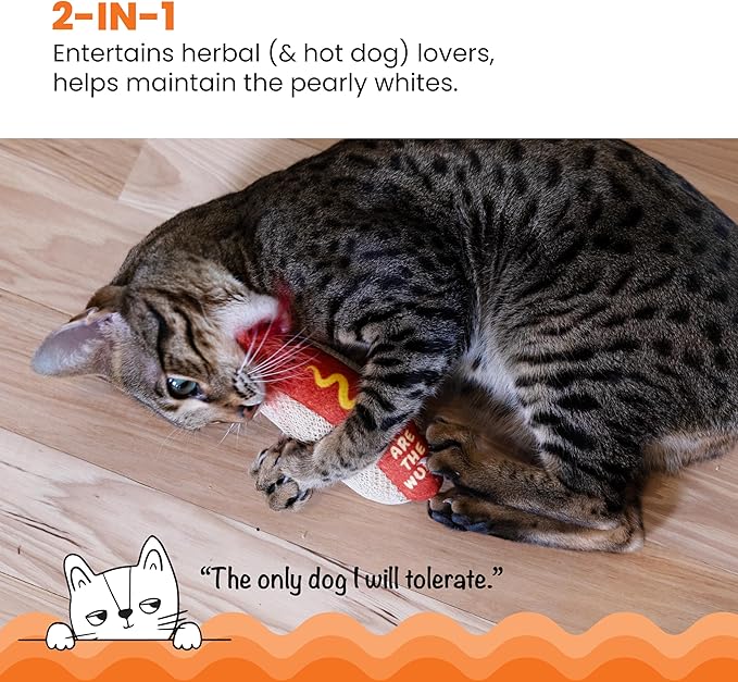 Catstages Hotdog Kicker Toy with Catnip and Dental Mesh, Hot Dog Shape, Plush and Feather Cat Toy for Kicking, Tossing, and Teeth Cleaning, Brown