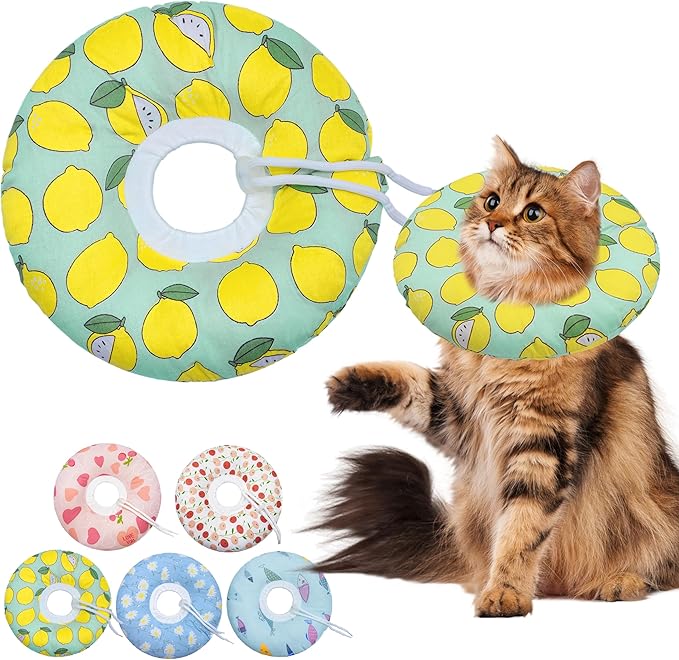 Cat Cone Collar Soft, Adjustable Cat Recovery Collars to Prevent Licking, Cute Donut E Collar After Surgery, Wound Healing Elizabethan Collar for Kittens(Green Lemon, Large)