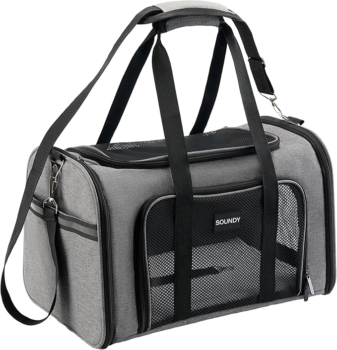 Soundy Large Cat Carrier Dog Carrier Under 25 Lbs,Collapsible Ventilated Portable Pet Bag with Soft Sided Breathable Mesh for Long Car Trips Maxi Load 2 Kittens or Small, Medium Dog (Large Grey)